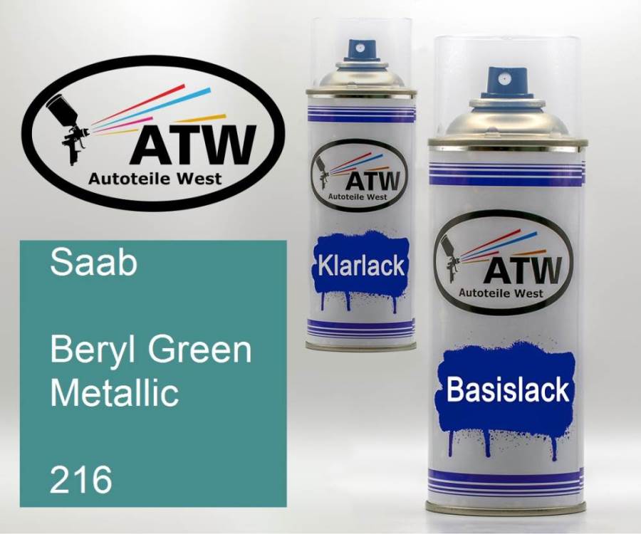 Saab, Beryl Green Metallic, 216: 400ml Sprühdose + 400ml Klarlack - Set, von ATW Autoteile West.